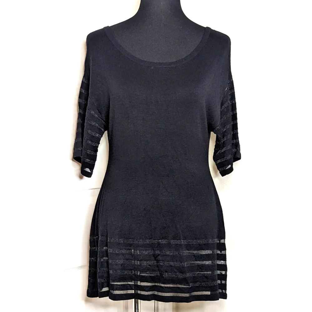 Soft Surroundings Top Womens S Black Sweater Sheer Stripe Detail Sleeves Hemline